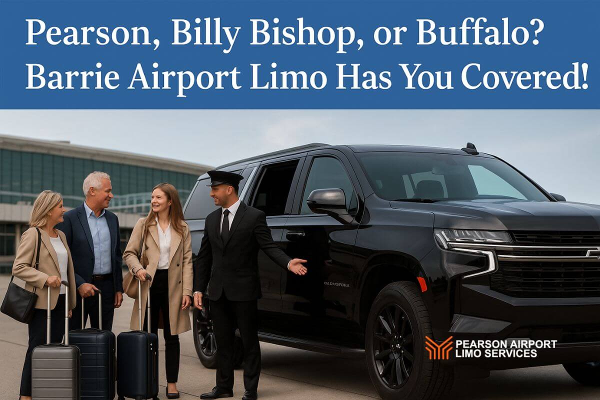 Chauffeur assists business travelers into a black Chevrolet Suburban at the airport, promoting Barrie airport limo service to Pearson, Billy Bishop, and Buffalo.