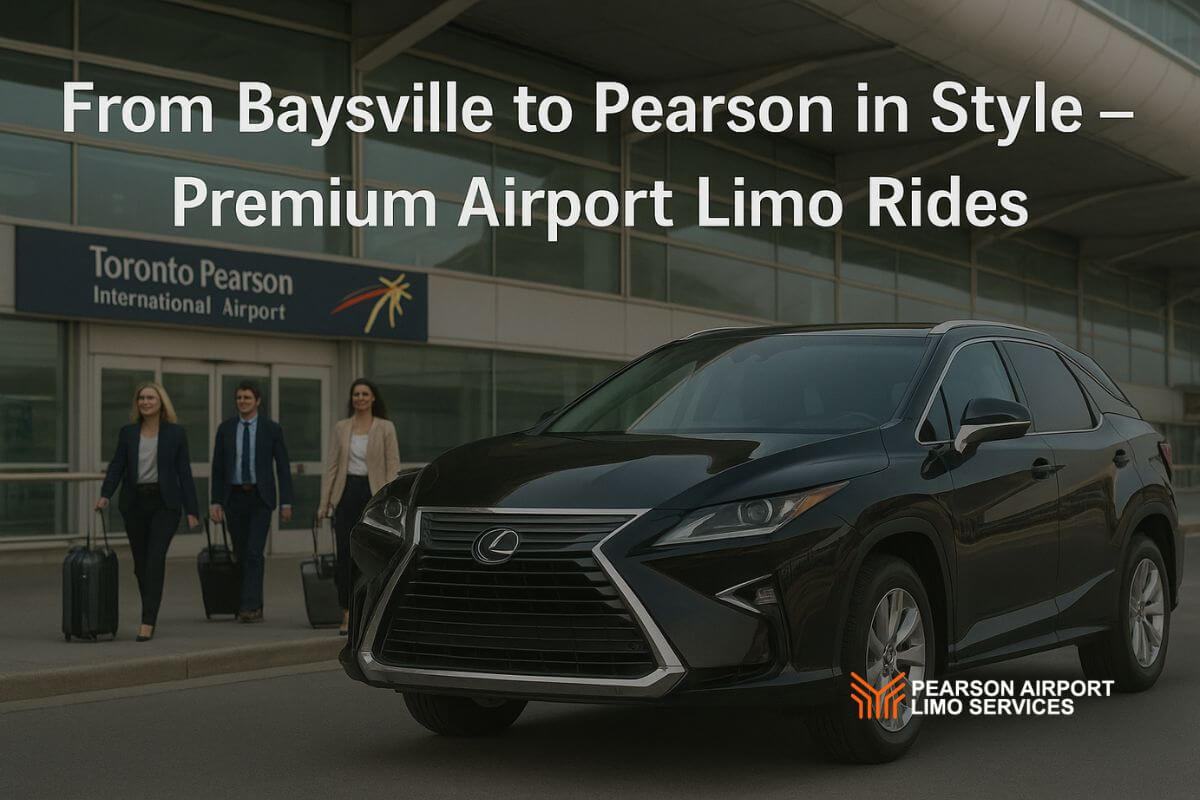 Luxury black Lexus SUV limo parked at Toronto Pearson Airport with business travelers walking toward the terminal