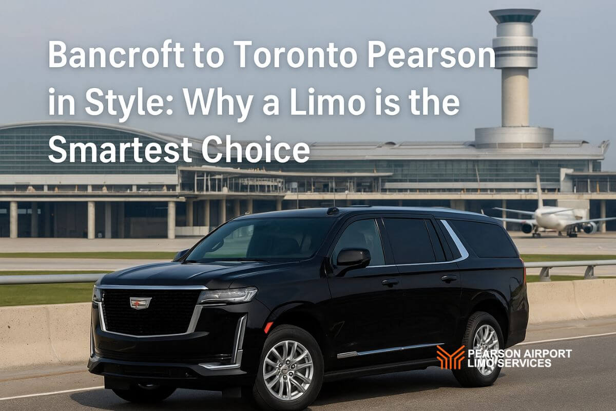 Luxurious black SUV limo parked near Toronto Pearson Airport, promoting