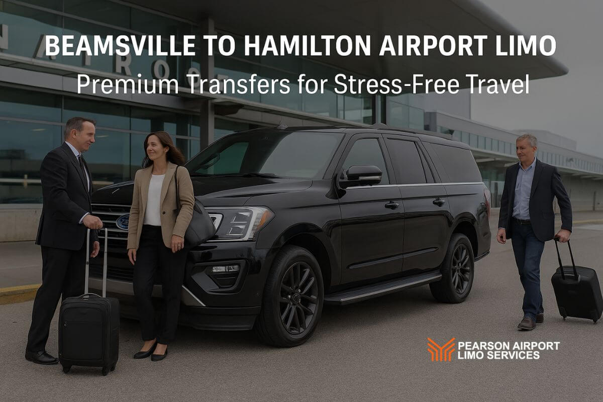Professional chauffeur with a black Ford Expedition SUV assisting airport clients outside Hamilton Airport during a Beamsville to Hamilton limo transfer.