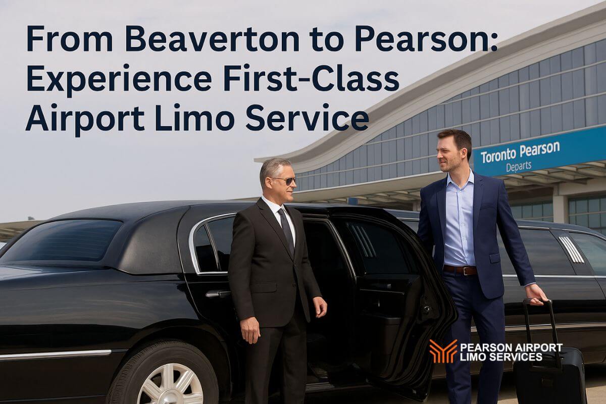 Luxury black stretch limo parked in front of Toronto Pearson Airport with an airplane flying overhead, promoting first-class airport limo service from Beaverton.