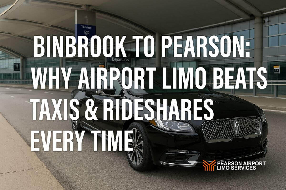 Luxury black airport limo at Toronto Pearson Terminal with bold text overlay promoting Binbrook to Pearson travel benefits over taxis and rideshares.